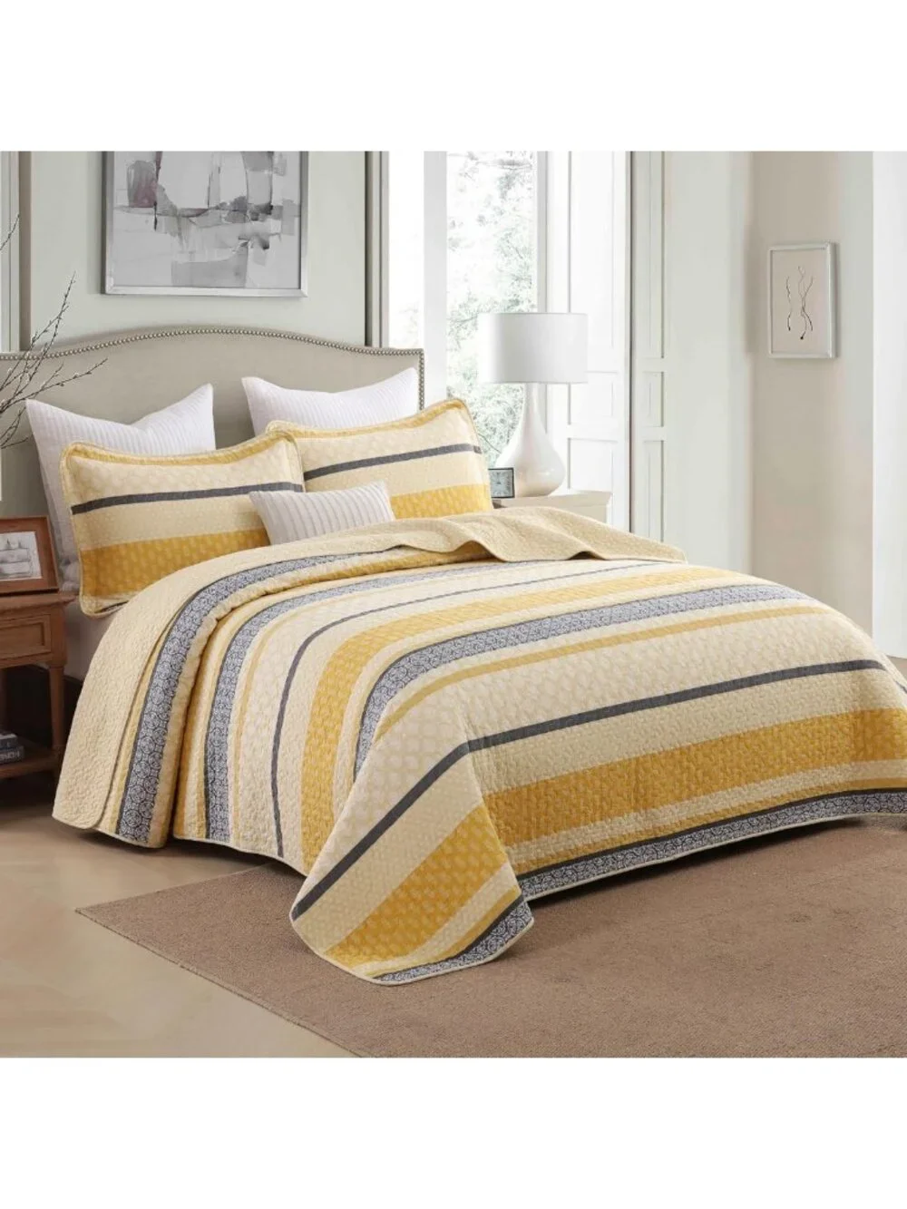 Lightweight Queen Quilt Bedding Set - Yellow Black Grey Striped Comforter, 3